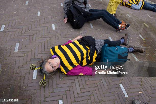 Protesters dressed as bee lies dead on the ground as others dressed as farmers sprayed fake glyphosate outside parliament on October 4, 2023 in The...