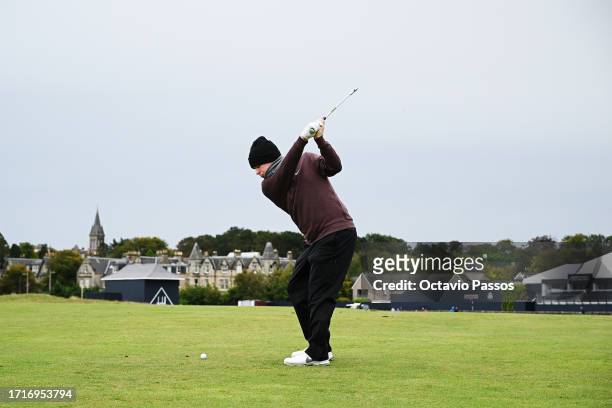 Robert MacIntyre of Scotland plays his second shot on the 17th hole during a practice round prior to the Alfred Dunhill Links Championship at the Old...
