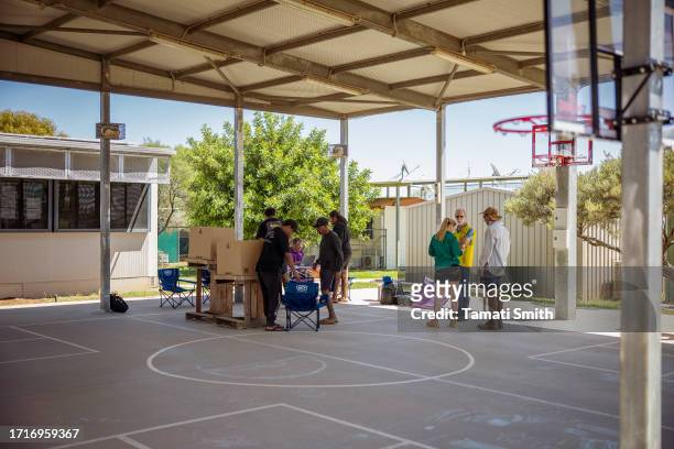 Locals from surrounding stations come to the remote community to vote on October 04, 2023 in Pia Wadjarri, Australia. A referendum for Australians to...