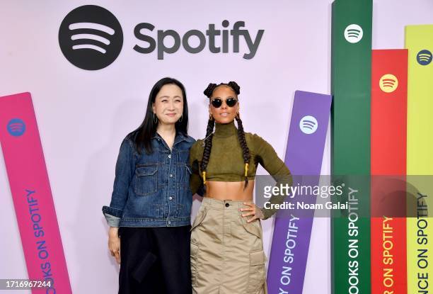 Min Jin Lee and Alicia Keys attend The Future of Audiobooks Event with Spotify 2023 on October 03, 2023 in New York City.
