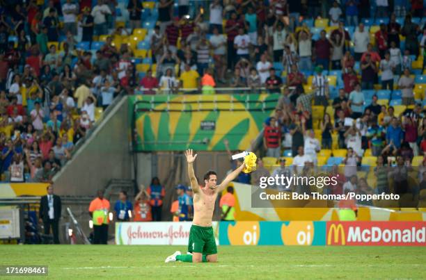 Tahiti goalkeeper Mikael Roche, who conceded 10 goals in the match, waves to the fans after the FIFA Confederations Cup Brazil 2013 Group B match...