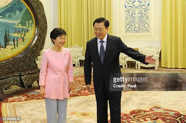 South Korean President Park Geun-Hye meets with Chinese Chairman of the National People's Congress Zhang Dejiang at the Great Hall of the People on...