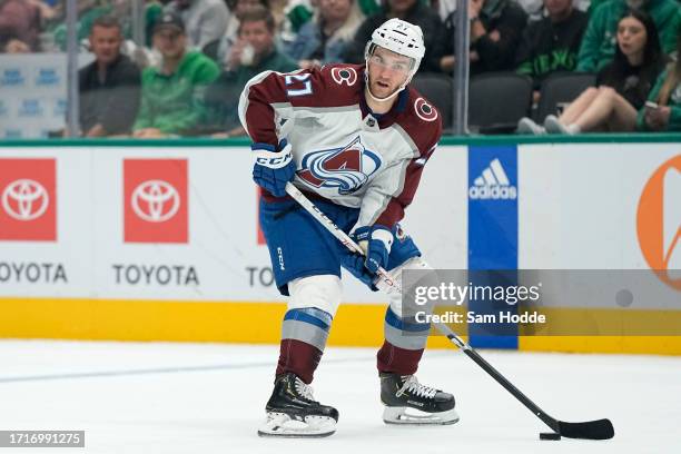 Jonathan Drouin of the Colorado Avalanche skates with the puck during the second period against the Dallas Stars at American Airlines Center on...