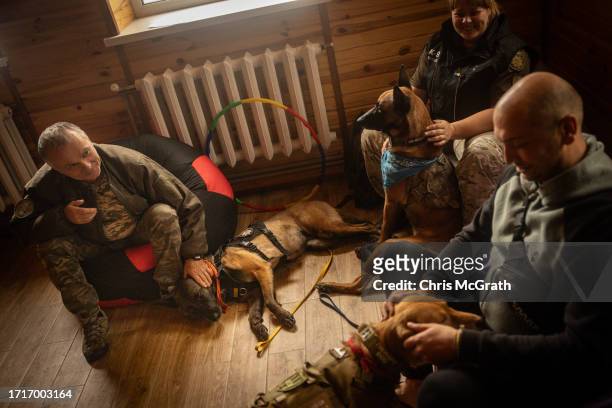Soldiers participate in a dog therapy session at a rehabilitation center for soldiers suffering from injuries and psychological trauma on October 04,...