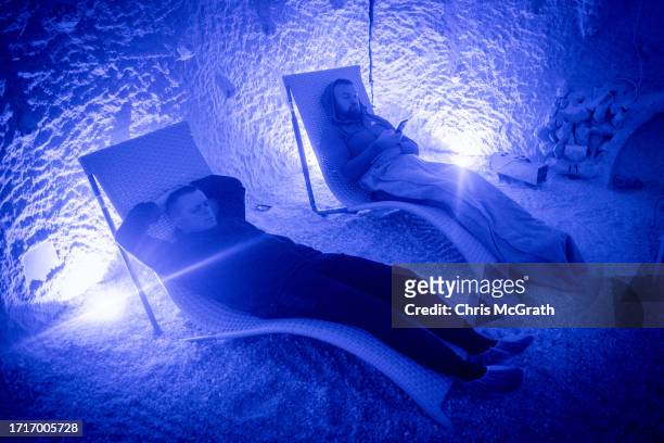 Soldiers relax during a speleotherapy session at a rehabilitation center for soldiers suffering from injuries and psychological trauma on October 04,...