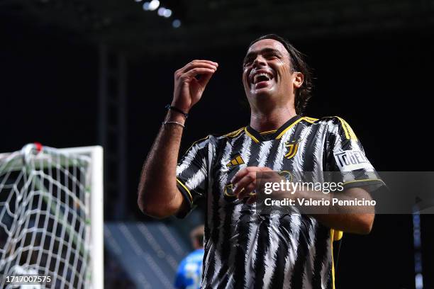 Alessandro Matri celebrates a goal during the 'Together, a Black and White Show' event at on October 10, 2023 in Turin, Italy.