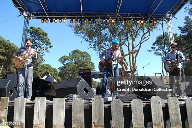 Frank McElroy, Toby Leaman and Scott McMicken of the rock and roll group "Dr. Dog" perform onstage at the Hardly Strictly Bluegrass Festival on...