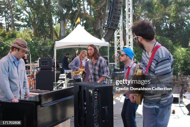 Members of Elvis Perkins In Dearlan join members of the rock and roll group "Dr. Dog" onstage at the Hardly Strictly Bluegrass Festival on October 3,...