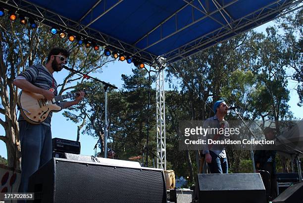 Frank McElroy, Toby Leaman and Scott McMicken of the rock and roll group "Dr. Dog" perform onstage at the Hardly Strictly Bluegrass Festival on...