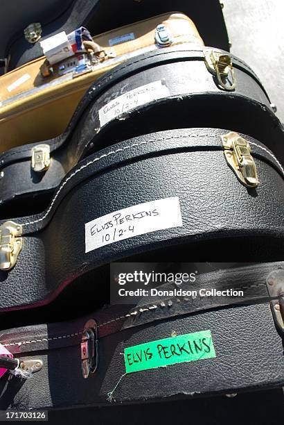 Guitars marked for Elvis Perkins of the rock and roll group "Elvis Perkins In Dearland" pose for a portait at the Hardly Strictly Bluegrass Festival...