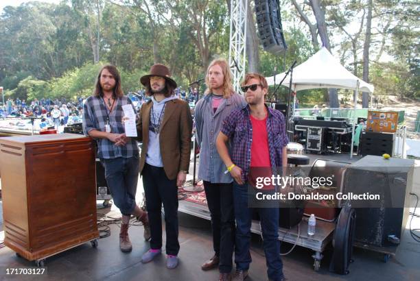 Wyndham Boylan-Garnett, Elvis Perkins, Brigham Brough and Nicholas Kinsey of the rock and roll group "Elvis Perkins In Dearland" pose for a portait...