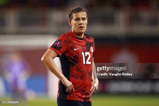 Christine Sinclair of Canada looks on against Jamaica during a Paris 2024 Olympic Games Qualifier match at BMO Field on September 26, 2023 in...