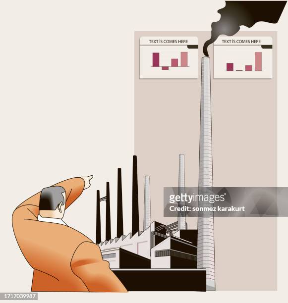 businessman points to financial data about the industry - industrial district stock illustrations