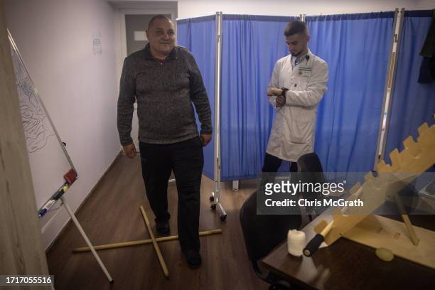 Soldier goes through a balance and coordination evaluation at a rehabilitation center for soldiers suffering from injuries and psychological trauma...