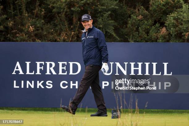 Padraig Harrington of Ireland smiles on the 10th tee during a practice round prior to the Alfred Dunhill Links Championship at Kingsbarns Golf Links...