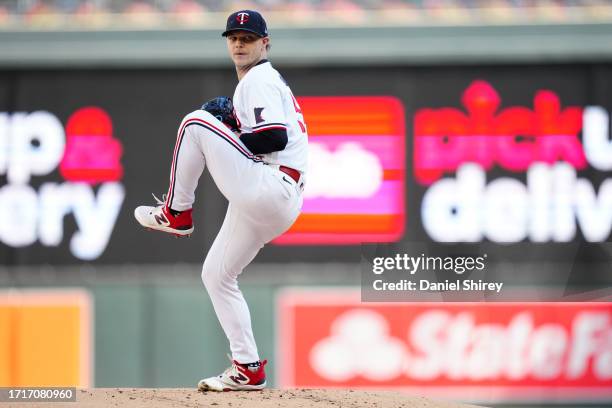 Sonny Gray of the Minnesota Twins pitches during Game 3 of the Division Series between the Houston Astros and the Minnesota Twins at Target Field on...