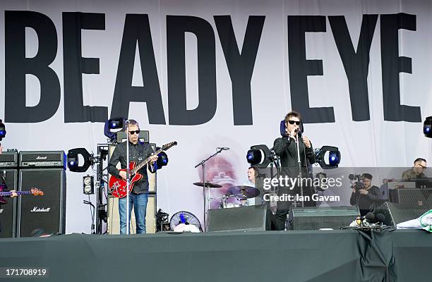 Liam Gallagher of 'Beady Eye' performs live on the Other Stage at day 2 of the 2013 Glastonbury Festival at Worthy Farm on June 28, 2013 in...
