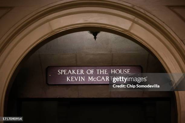 The sign above the door to the offices of former Speaker of the House Kevin McCarthy still hangs the morning after McCarthy was ousted at the U.S....