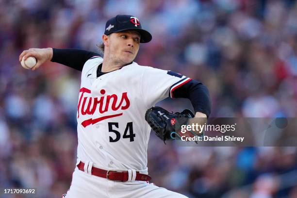 Sonny Gray of the Minnesota Twins pitches during Game 3 of the Division Series between the Houston Astros and the Minnesota Twins at Target Field on...