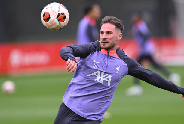 Alexis Mac Allister of Liverpool in action at AXA Training Centre on October 04, 2023 in Kirkby, England.