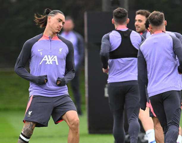 Darwin Nunez of Liverpool in action at AXA Training Centre on October 04, 2023 in Kirkby, England.