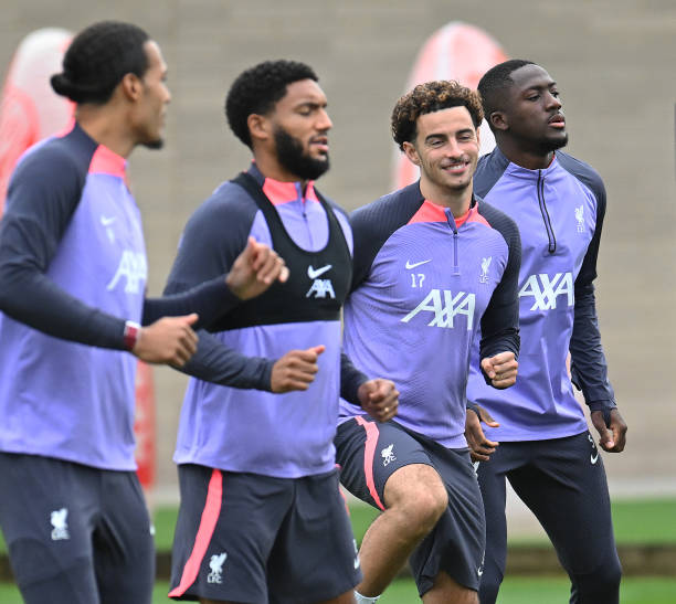 Curtis Jones of Liverpool in action at AXA Training Centre on October 04, 2023 in Kirkby, England.