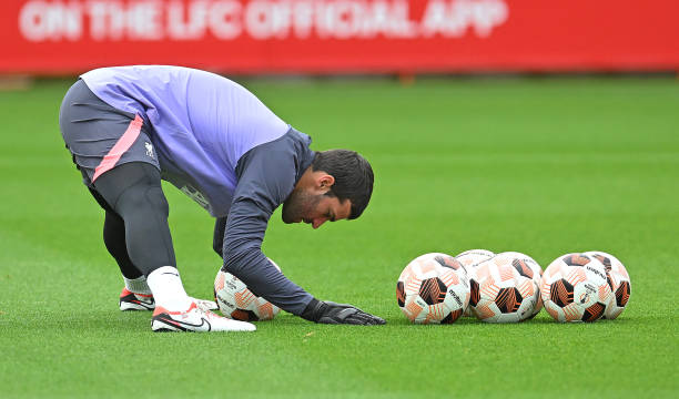 Alisson Becker of Liverpool at AXA Training Centre on October 04, 2023 in Kirkby, England.