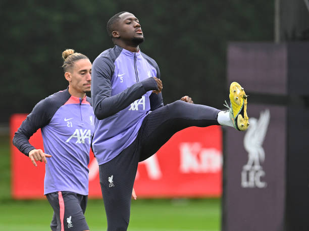 Ibrahima Konate of Liverpool at AXA Training Centre on October 04, 2023 in Kirkby, England.