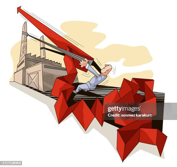 businessman preparing to start diagram with slingshot from factory chimneys - ipo stock illustrations