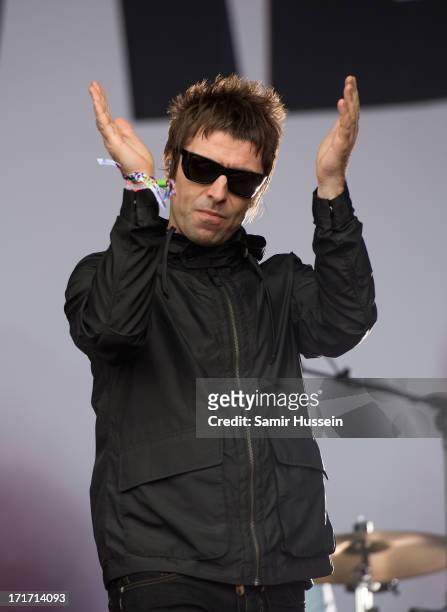 Liam Gallagher of Beady Eye performs at the Glastonbury Festival of Contemporary Performing Arts at Worthy Farm, Pilton on June 28, 2013 in...