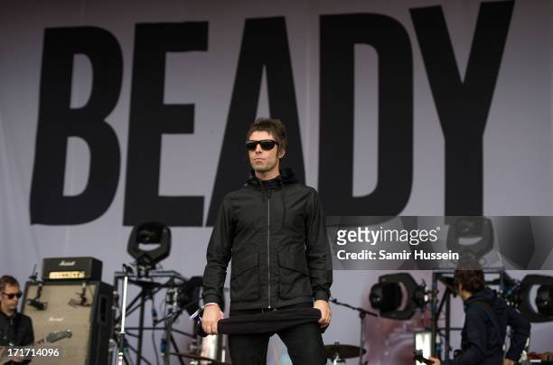 Liam Gallagher of Beady Eye performs at the Glastonbury Festival of Contemporary Performing Arts at Worthy Farm, Pilton on June 28, 2013 in...