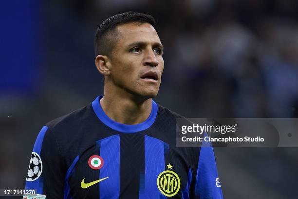 Alexis Sanchez of FC Internazionale looks on during the UEFA Champions League match between FC Internazionale and SL Benfica at Stadio Giuseppe...