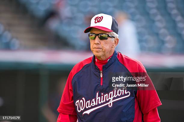 Manager Davey Johnson of the Washington Nationals on the field before the game against the Cleveland Indians at Progressive Field on June 14, 2013 in...