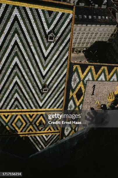 The multi-coloured tiled roof of St. Stephen's Cathedral, Vienna, 1970.