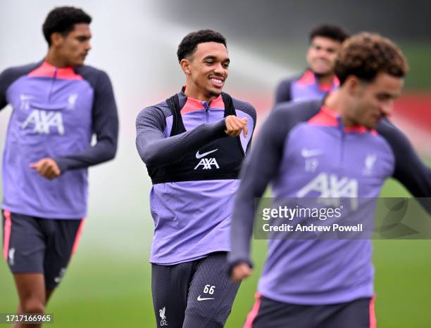 Trent Alexander-Arnold of Liverpool during a training session at AXA Training Centre on October 04, 2023 in Kirkby, England.