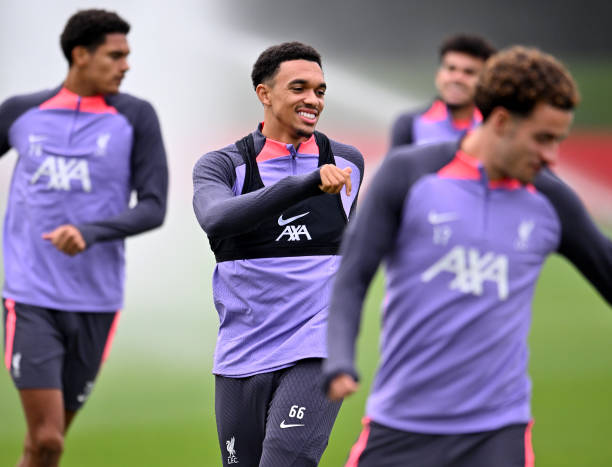 Trent Alexander-Arnold of Liverpool during a training session at AXA Training Centre on October 04, 2023 in Kirkby, England.