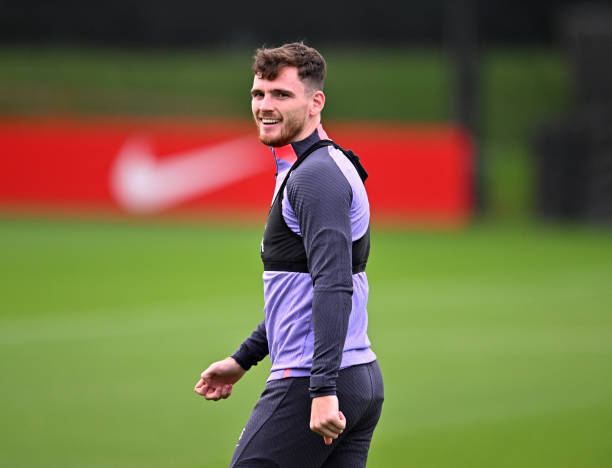 Andy Robertson of Liverpool during a training session at AXA Training Centre on October 04, 2023 in Kirkby, England.