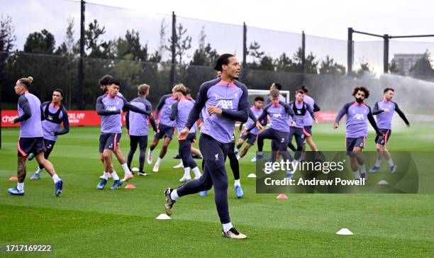 Virgil van Dijk captain of Liverpool during a training session at AXA Training Centre on October 04, 2023 in Kirkby, England.