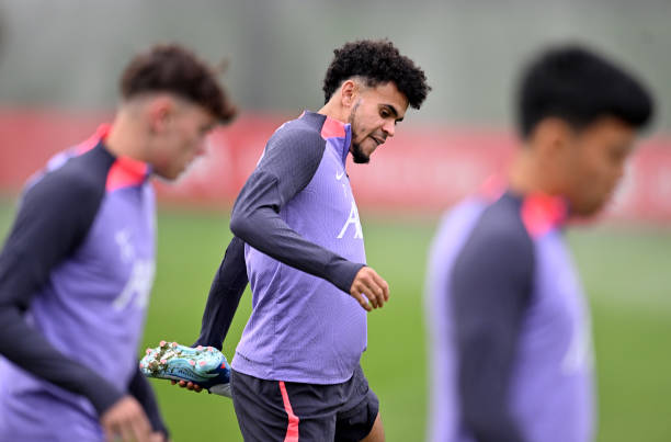 Luis Diaz of Liverpool during a training session at AXA Training Centre on October 04, 2023 in Kirkby, England.