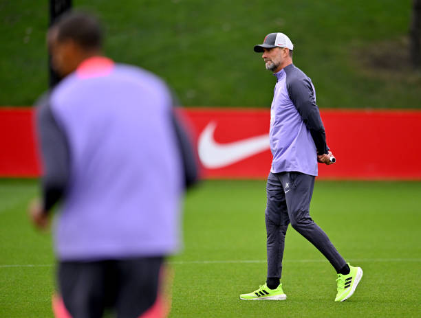 Jurgen Klopp manager of Liverpool during a training session at AXA Training Centre on October 04, 2023 in Kirkby, England.