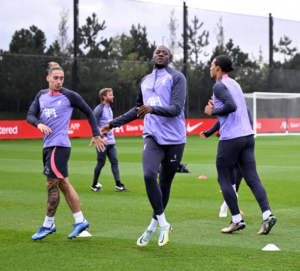 Ibrahima Konate of Liverpool during a training session at AXA Training Centre on October 04, 2023 in Kirkby, England.