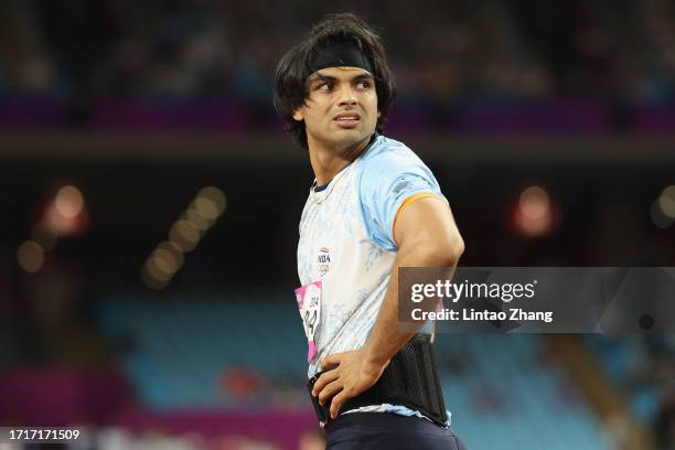 Neeraj Chopra of India rests competes in the men's javelin throw final athletics event during the 2022 Asian Games at Hangzhou Olympic Sports Centre...