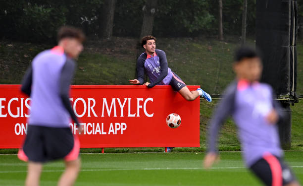 Curtis Jones of Liverpool during a training session at AXA Training Centre on October 04, 2023 in Kirkby, England.