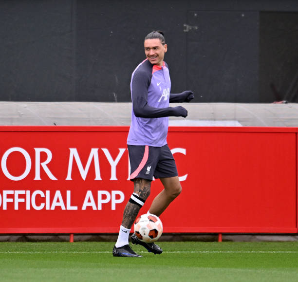 Darwin Nunez of Liverpool during a training session at AXA Training Centre on October 04, 2023 in Kirkby, England.