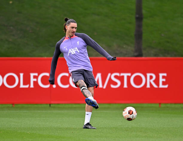 Darwin Nunez of Liverpool during a training session at AXA Training Centre on October 04, 2023 in Kirkby, England.