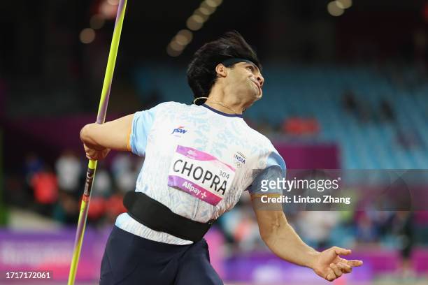 Neeraj Chopra of India competes in the men's javelin throw final athletics event during the 2022 Asian Games at Hangzhou Olympic Sports Centre on...
