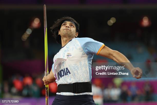 Neeraj Chopra of India competes in the men's javelin throw final athletics event during the 2022 Asian Games at Hangzhou Olympic Sports Centre on...