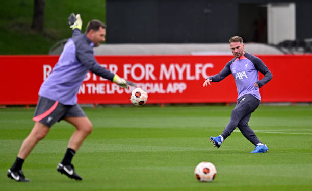 Alexis Mac Allister of Liverpool during a training session at AXA Training Centre on October 04, 2023 in Kirkby, England.