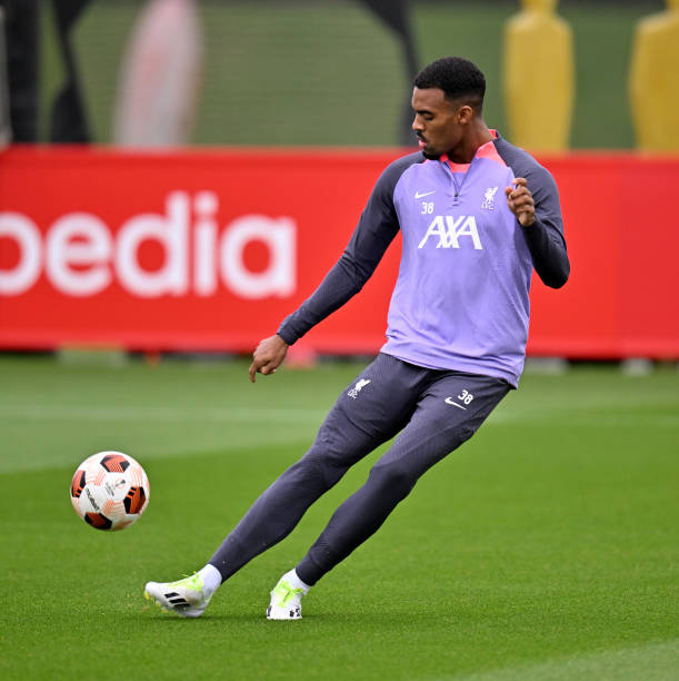 Ryan Gravenberch of Liverpool during a training session at AXA Training Centre on October 04, 2023 in Kirkby, England.