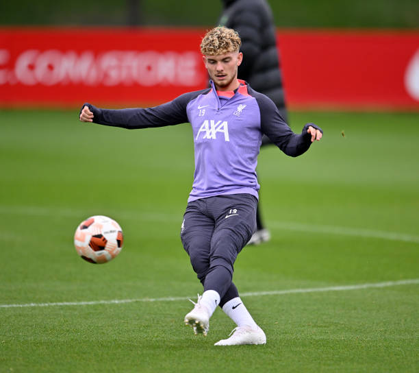 Harvey Elliott of Liverpool during a training session at AXA Training Centre on October 04, 2023 in Kirkby, England.
